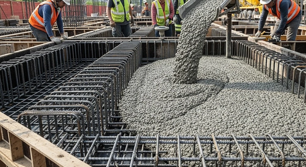 Családiház alapozás: komplett útmutató 2025 3 Alapozási betonozás folyamatban, vasbeton szerkezet látható