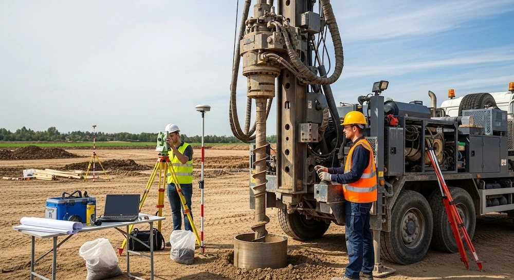 Családiház alapozás: komplett útmutató 2025 2 Geotechnikus szakember talajvizsgálatot végez fúróberendezéssel