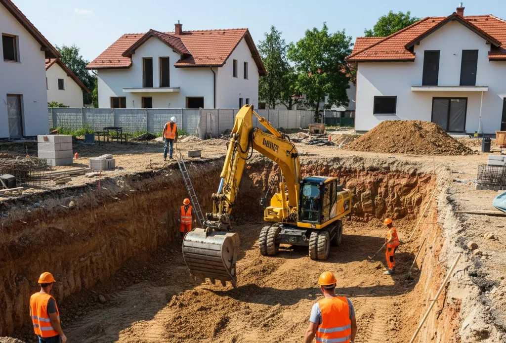 Pincetömb kiemelés munkagép segítségével családi ház építésekor