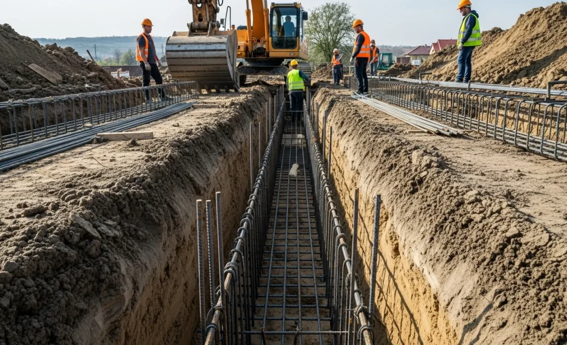 Sávalap betonozás: 7 kritikus hiba, amit kerülj el az alapozáskor 1 Sávalap betonozás folyamatban családi ház alapozásakor gépi földmunkával
