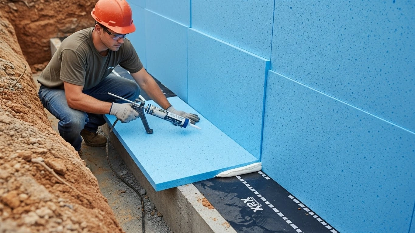 Lábazati fal hőszigetelése XPS lapokkal a talajszint alatt