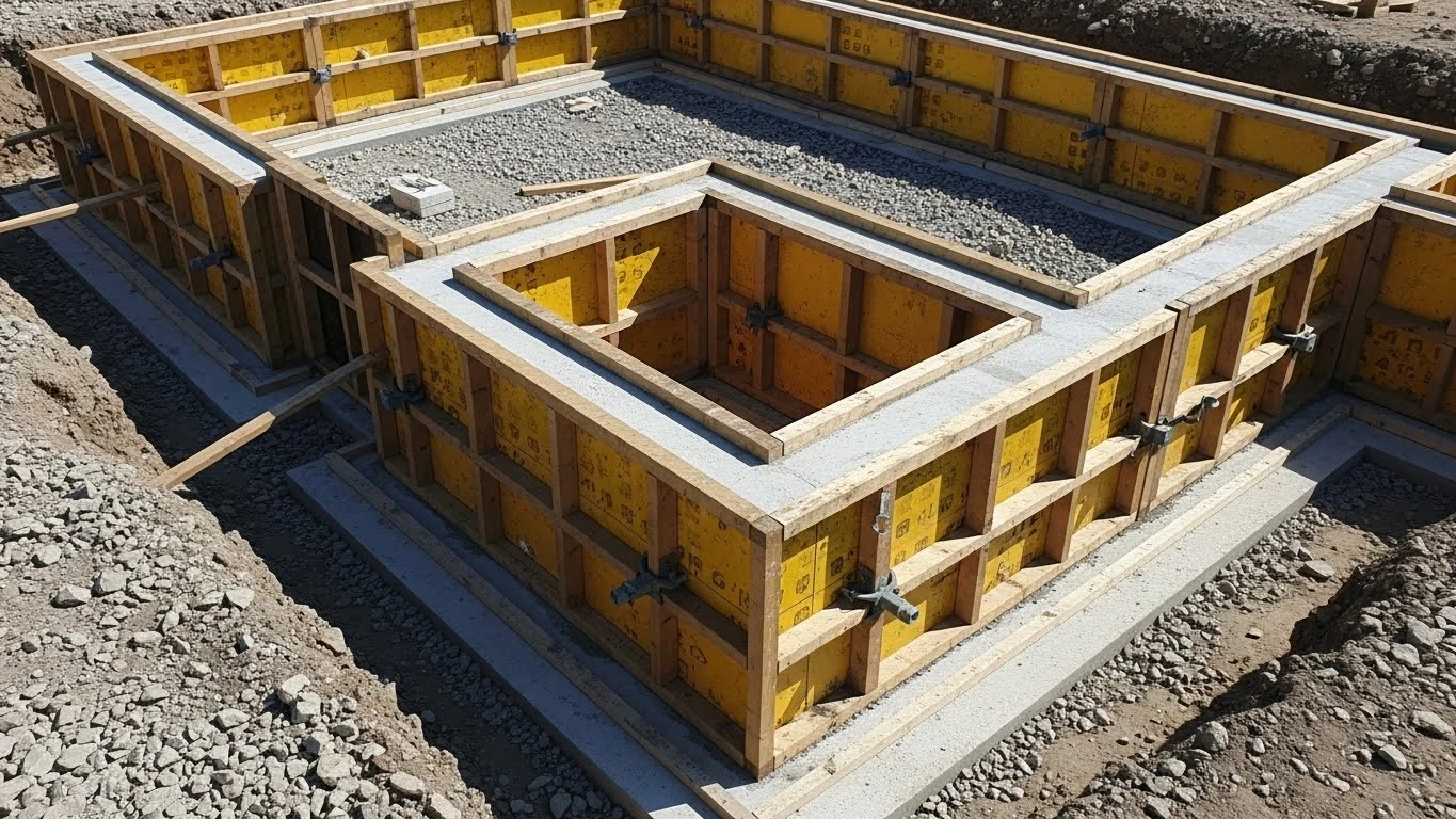 Monolit vasbeton lábazati fal zsaluzása és vasalása építkezésen