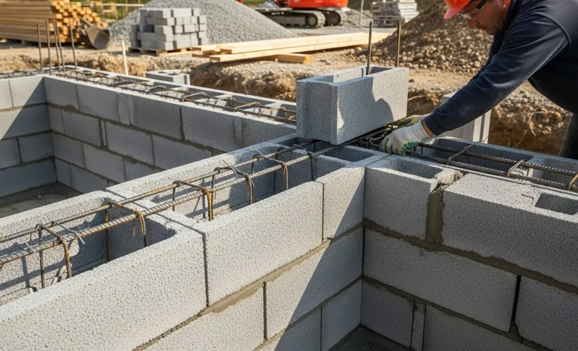 Lábazati fal építése zsalukőből vasalással családi háznál